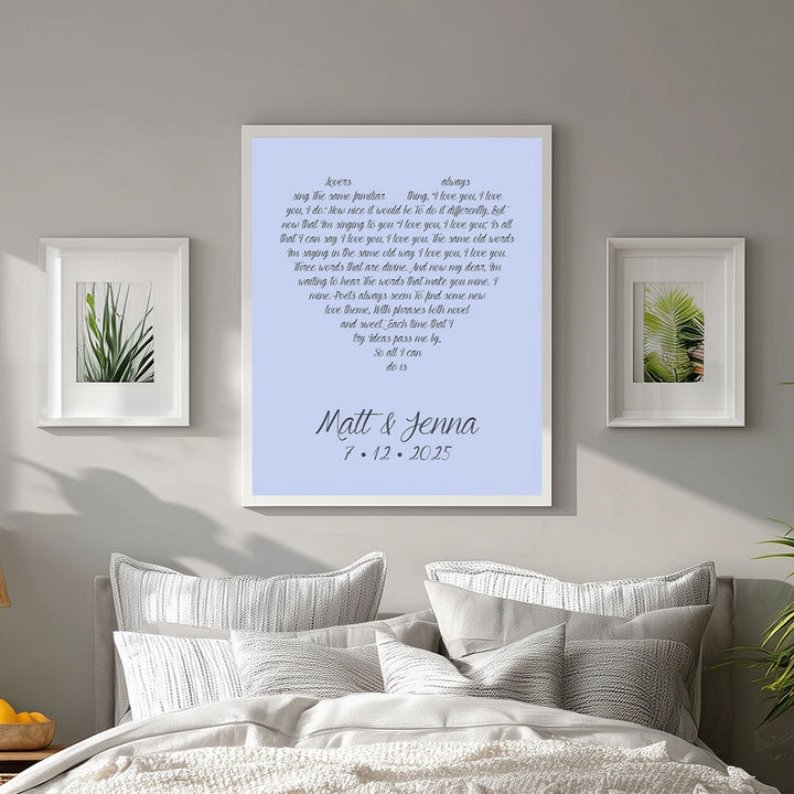 Sapphire anniversary gift, custom print above a neatly made bed in a bedroom with plants and decor