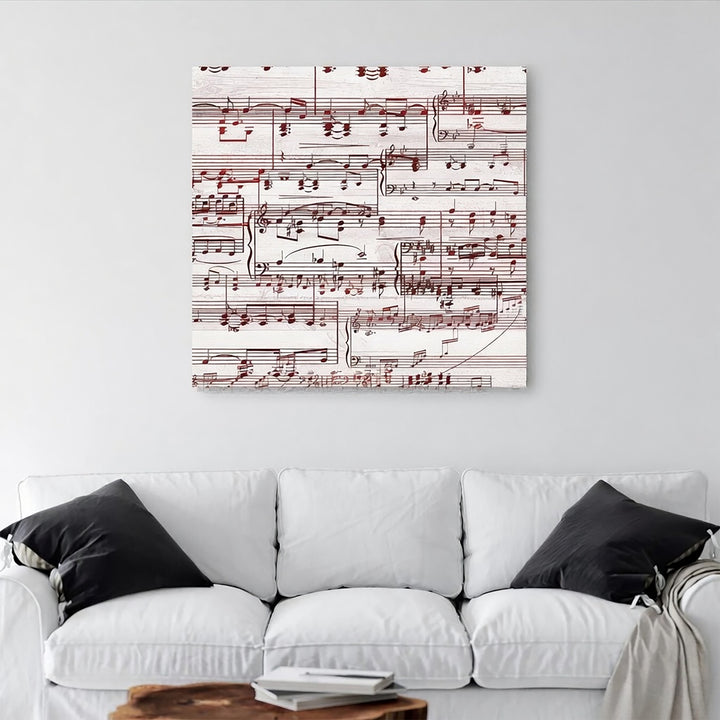 Personalized sheet music print over a white sofa with black pillows.