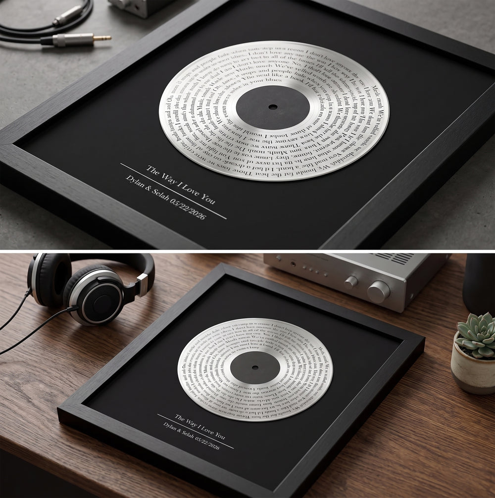 Personalized vinyl record in a black frame with headphones and a plant in the background