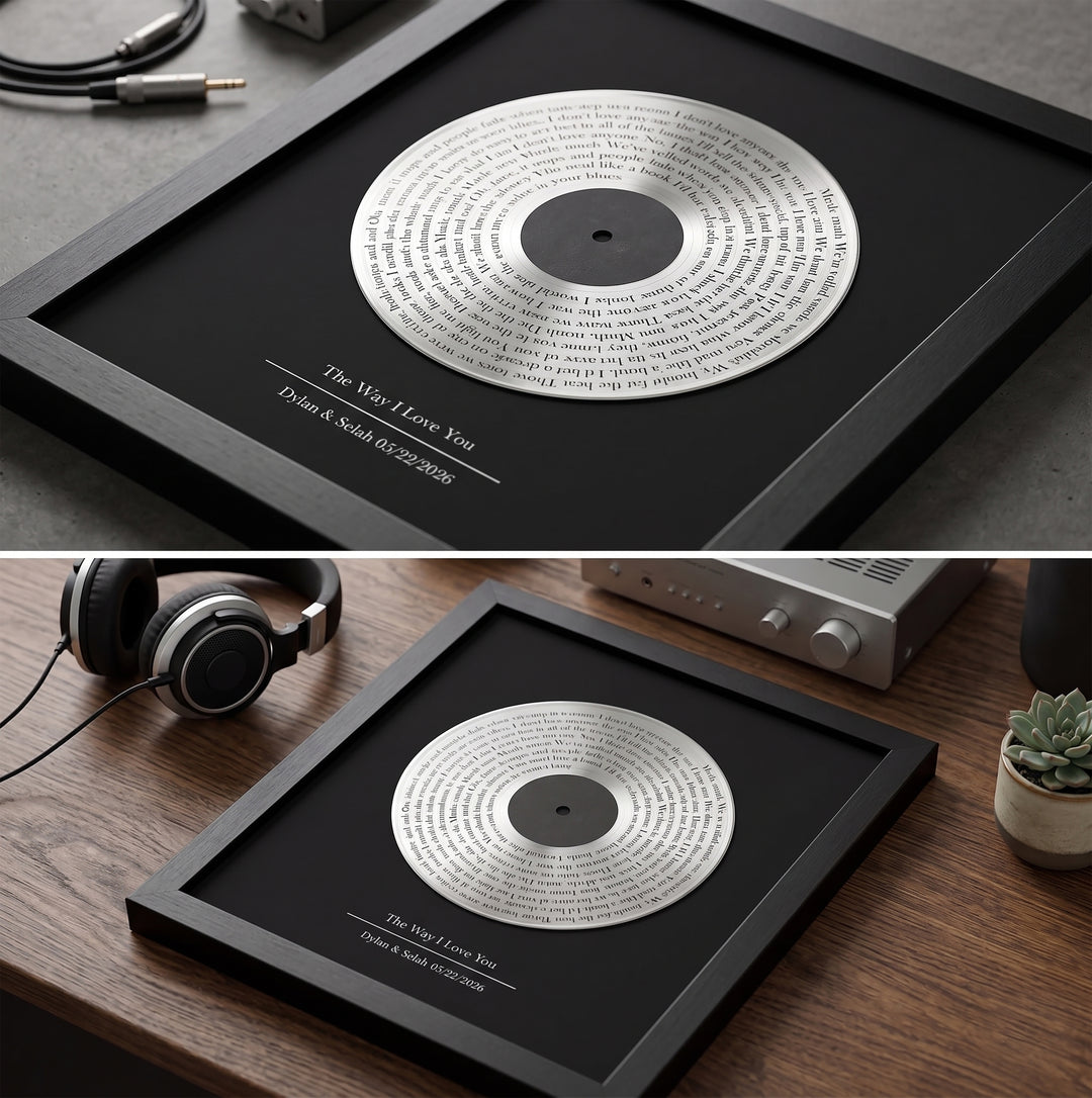 Personalized vinyl record in a black frame with headphones and a plant in the background