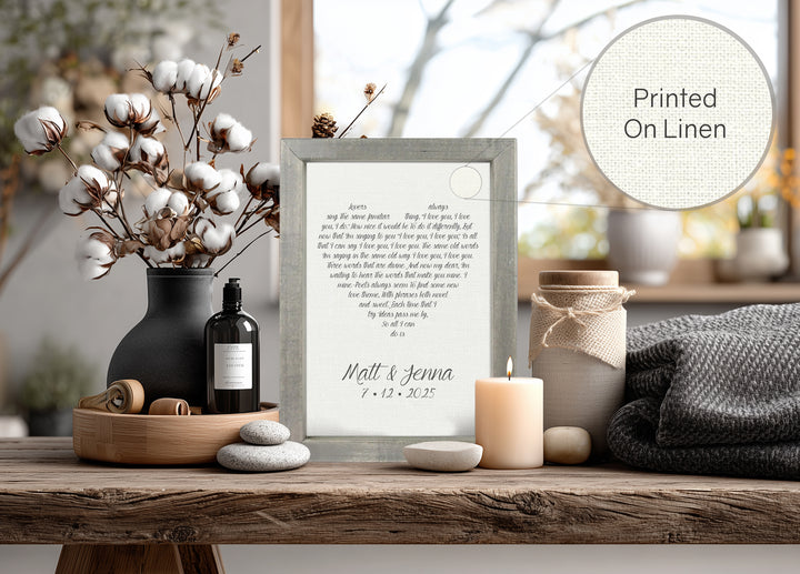 12th anniversary linen framed printed text on a wooden surface with decorative items