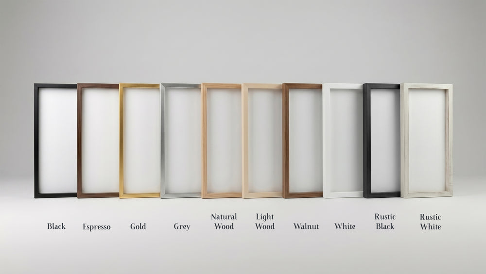 Row of picture frame options in various colors on a gray background