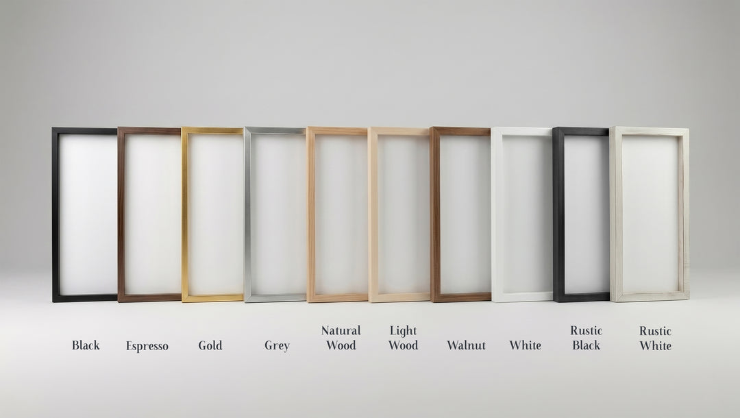 Row of picture frame options in various colors on a gray background