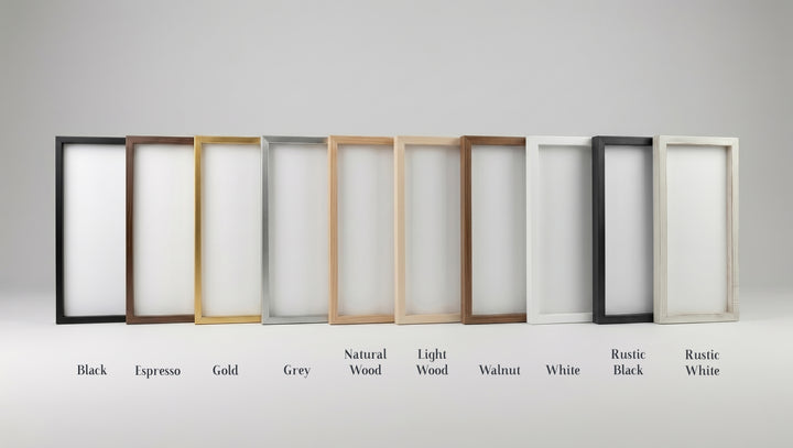 Row of picture frame options in various colors on a gray background