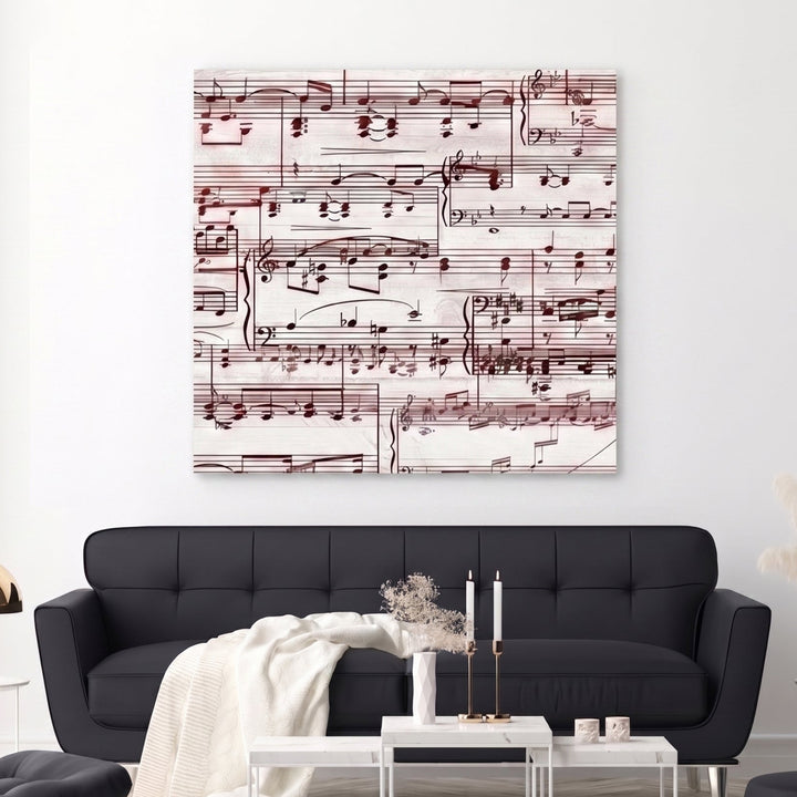 Modern living room with a custom sheet music canvas for a ruby anniversary gift