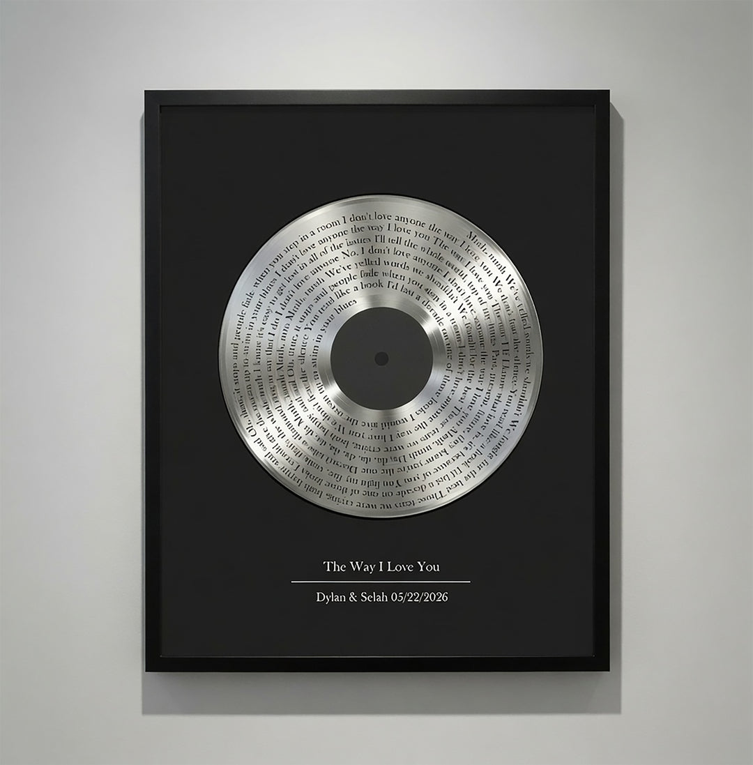 Silver vinyl record lyrics framed