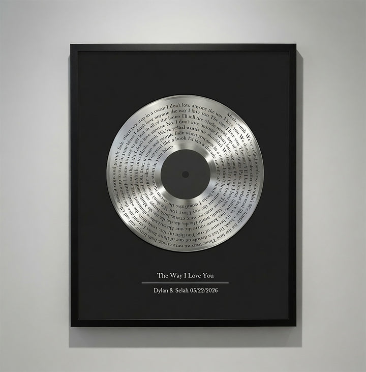 Silver vinyl record lyrics framed