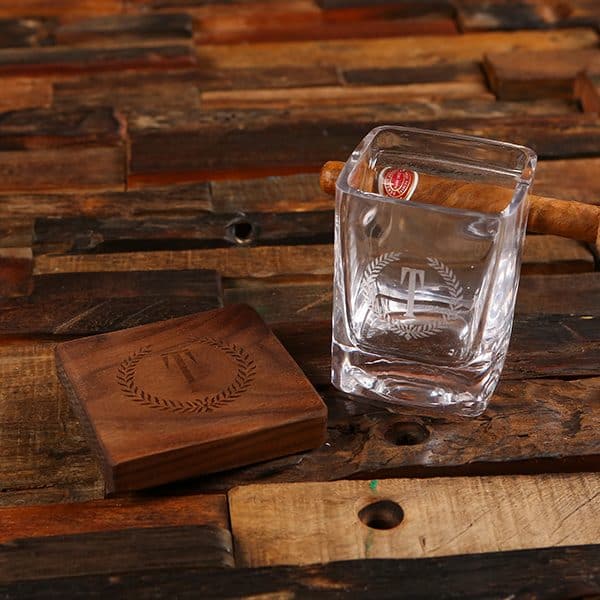 Personalized Cigar Holder Whiskey Glass With Personalized Coaster and Wood Box