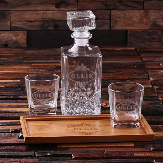 Personalized Whiskey Decanter with Glasses and Wood Tray