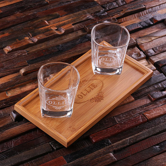 Personalized Whiskey Decanter with Glasses and Wood Tray